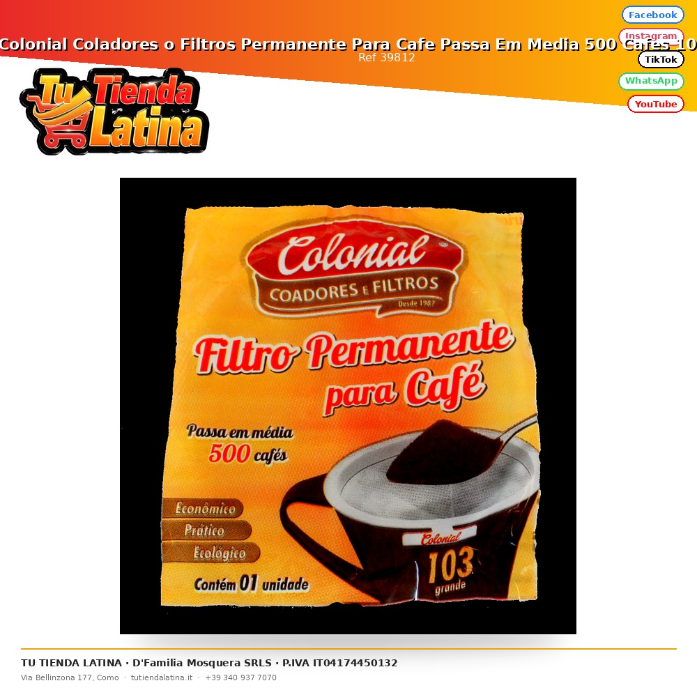 Colonial Coladores o Filtros Permanente Para Cafe Passa Em Media 500 Cafes 103 Grande