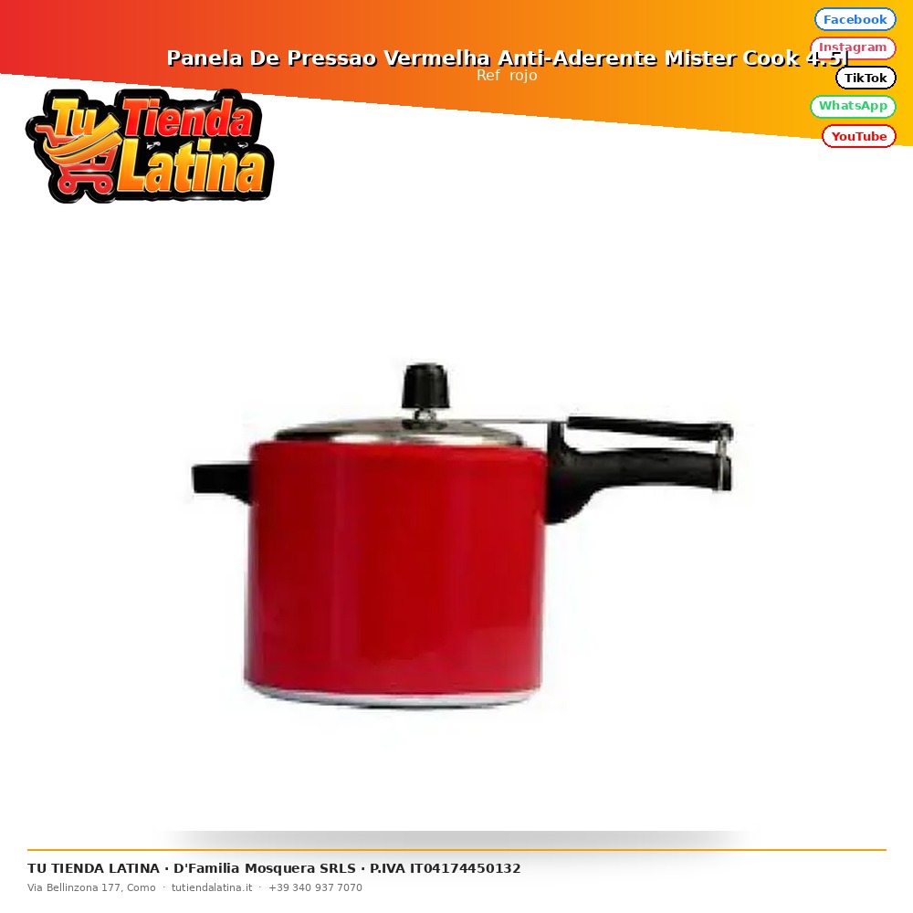 Panela De Pressao Vermelha Anti-Aderente Mister Cook 4.5l